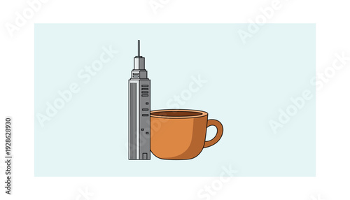 Modern syringe and coffee cup on minimalist background