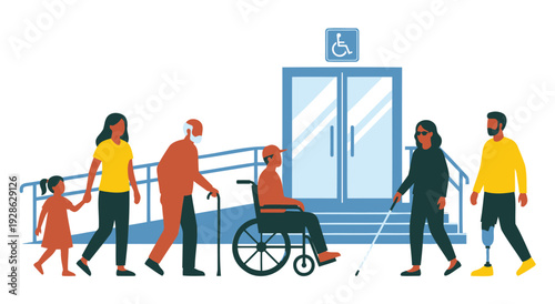 Inclusive illustration of people with various disabilities entering building. Scene features wheelchair user blind person with cane and individual with prosthetic leg walking toward ramp entrance.