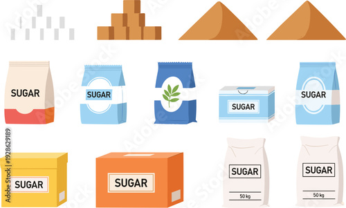 Various sugar packaging designs including cubes, granulated, and powdered sugar vector illustration