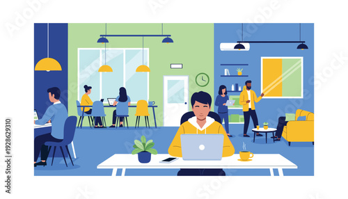 Modern office workspace with diverse team collaborating