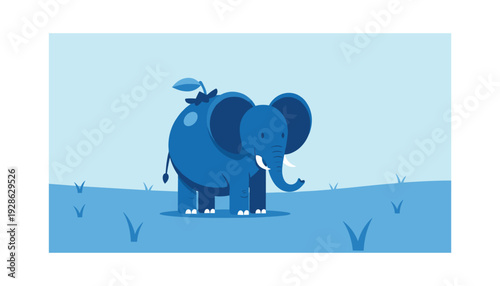 Cute blue elephant standing in a serene natural landscape with a bird