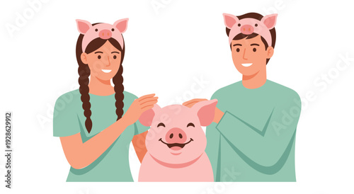 Young man and woman smiling while petting a cute pig. Characters are wearing pink pig ear headbands and green shirts. Heartwarming scene showing love for animals and farm pets in flat style.