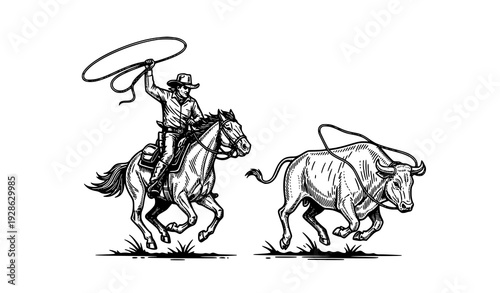Vintage western cowboy horseback bull chase engraving style vector illustration wild west rodeo isolated on white background