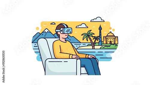 Man experiencing virtual reality with VR headset in modern chair