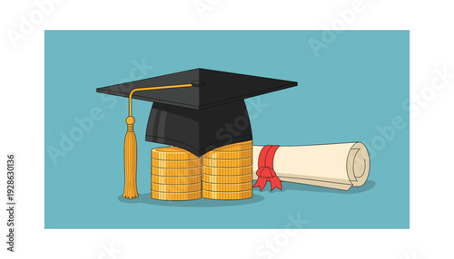 Graduation cap and diploma with stacks of gold coins education investment