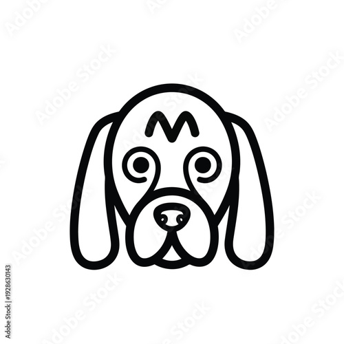 A stylized black and white illustration of a cheerful beagle dog with floppy ears