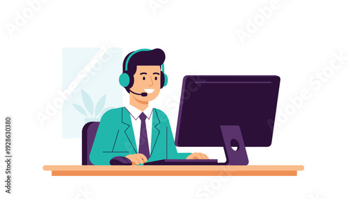 Friendly customer support agent working at desk with headset