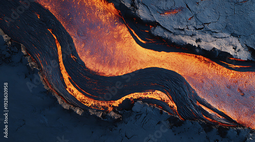 Aerial View of Lava Flowing Over Dark Terrain magma