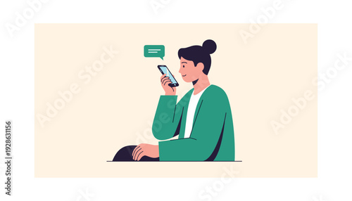 Woman happily texting on her smartphone with speech bubble
