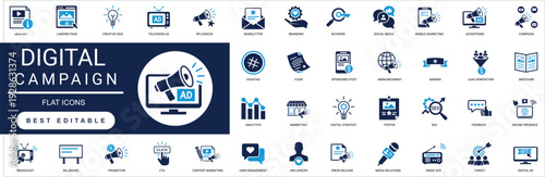 Digital Campaign and Media Solid Icon Set Online, Advertisement, Content, Video, Announcement, Broadcaster, Influence, Traffic Professional Vector Editable