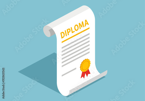 A 3D isometric illustration showcases an unrolled white diploma with yellow text, grey placeholder lines, and a golden seal with red ribbons, casting a defined shadow on a light solid blue background