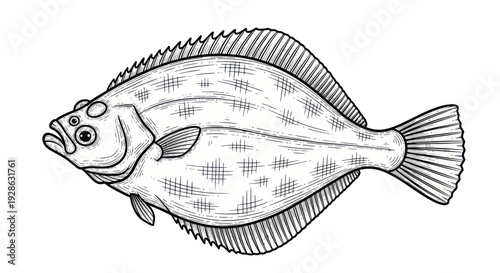 Flounder Fish Illustration - Line Art Drawing of Flatfish