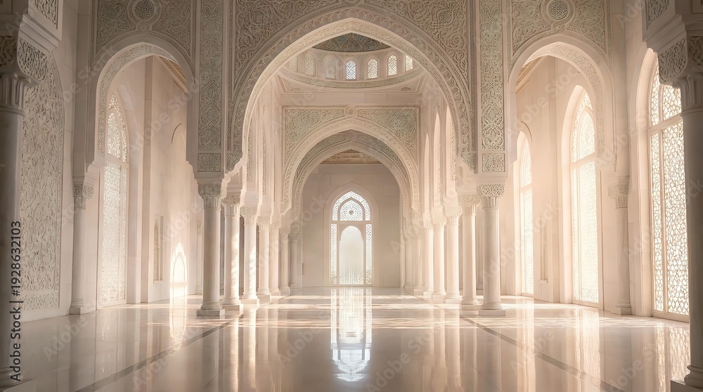 Obraz premium Elegant Islamic architecture interior with ornate arches, columns and geometric patterns. Sunlight streaming through windows creates dramatic lighting on polished floors.