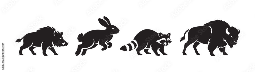 Obraz premium North American Wildlife Silhouette Set – Wild Boar, Rabbit, Raccoon and Bison Black Animal Vector Collection Isolated on White Background, Forest Mammal Icons for Logo, Emblem and Outdoor Design