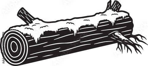 Black and white of a snow covered log with roots wood tree winter