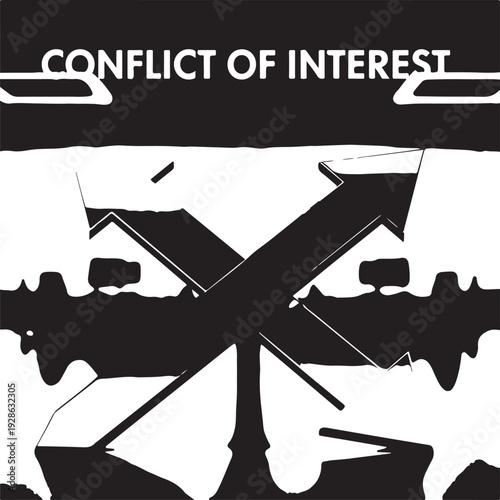 Black and white of conflict of interest with arrows and houses crossing arrows