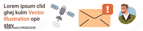 Online communication, email services, digital alerts, data transmission, technology, user connectivity. A satellite, an envelope with an exclamation mark and a person. Email services and digital