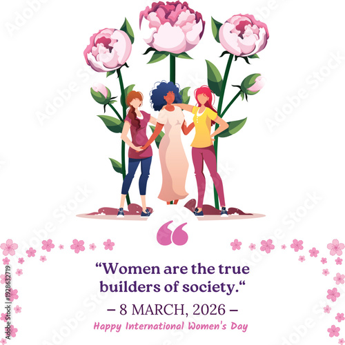 Elegant card for International Women's Day. Banner, flyer for March 8, featuring a silhouette of a paper-cut woman face with flowers and a happy hol. Congratulatory placard for brochures. illustration