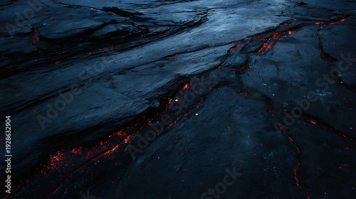 Close-up of dark volcanic rock with glowing red lava veins
