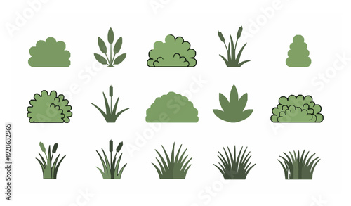 Minimalist Bushes Grass and Reed Plant Icon Set
