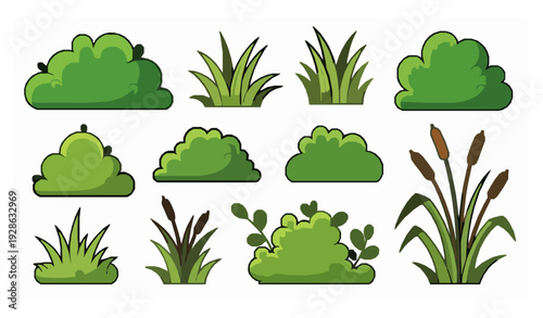 Cartoon Bushes Grass and Reed Plant Collection