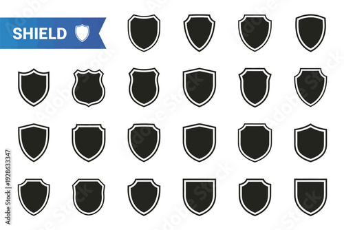 Shield icon vector set, black knight award contours and linear signs featuring heraldic shield designs, clean medieval protection symbols for branding and graphic design.