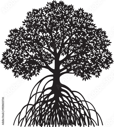 Black silhouette of a tree with exposed roots and dense foliage white de