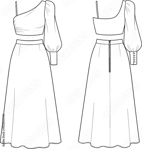 Asymmetrical Crop Top with Puff Sleeve and High‑Waisted Flared Skirt Featuring Buttoned Cuff and Back Zipper Closure Detailing