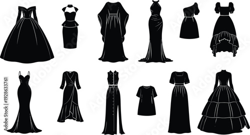 Collection of Twelve Black Dress Silhouettes Featuring Formal, Casual, and Cocktail Styles with Varied Necklines, Sleeves, Skirt Shapes, and Lengths
