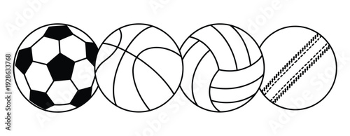 Sports ball icon vector set, football, soccer, volleyball, and basketball ball icons for team play games, clean athletic vector illustrations for sports design use.