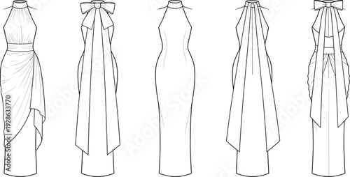 Elegant Evening Gown Collection Featuring Halter Necklines, Floor‑Length Silhouettes, Draped Overlays, Bows, Vertical Panels, and Minimalist Fitted Designs