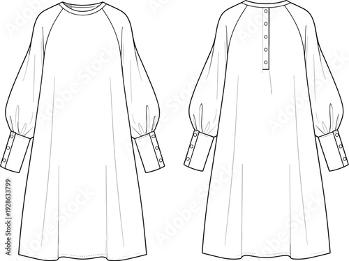 Minimalist A‑Line Dress Design with Voluminous Raglan Sleeves, Wide Cuffs, Front Clean Neckline, and Back Partial Button Placket Detailing
