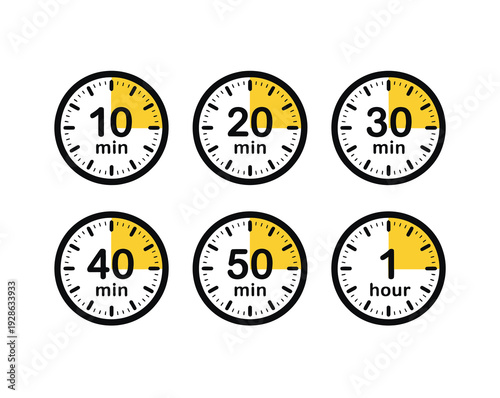 Timer icon set, alarm timer symbols from 10 to 60 minutes and 1 hour, including clock, stopwatch, and countdown icons, isolated vector illustration.