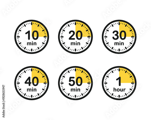 Timer icon set, vector illustration of alarm timer and countdown symbols from 10 to 60 minutes and 1 hour, including clock and stopwatch icons.