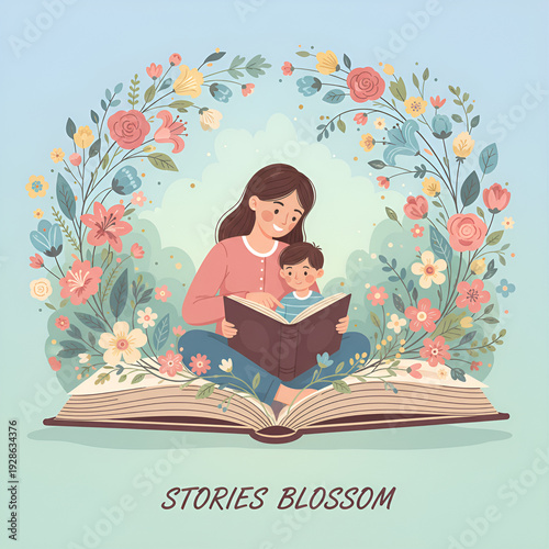 A mother and child sit together reading a book surrounded by flowers and greenery in a peaceful setting.