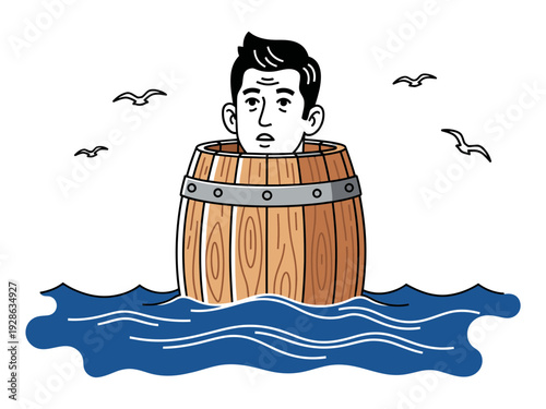a men with a big head in a wooden wine barrel bobbing in the sea