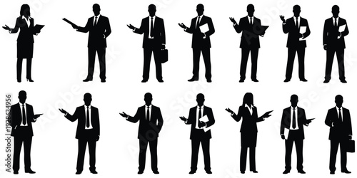 Business professional silhouettes, corporate attire, office item, tablets documents, presentation gestures, workplace diversity, communication motif, professional artwork, flat vector illustration