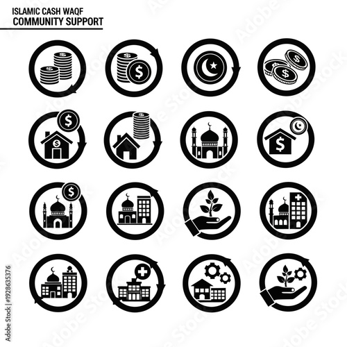 Collection of Islamic Cash Waqf icons for community support and charitable giving.