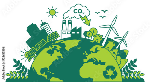 Ecological concept showing planet earth topped with renewable energy sources. Graphic depicts solar panels and wind turbines alongside green city buildings with reduced carbon dioxide emissions cloud