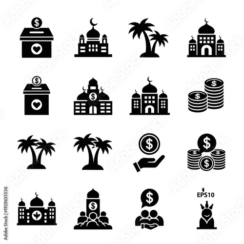 Collection of black icons representing financial transactions and Islamic architecture.