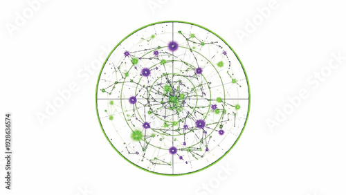 Abstract geometric network visualization with interconnected nodes and radiating circles, representing complex data flow and connections