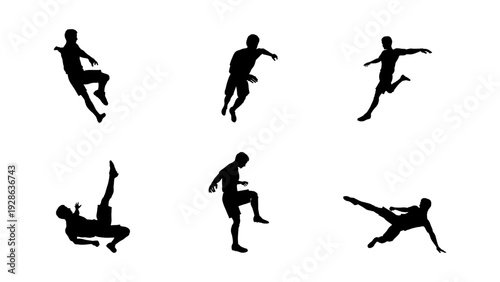 Collection of Athletic Football Player Outlines in Various Mid-Air Striking Poses for Sports Graphics.