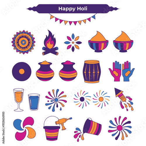 Comprehensive collection of flat icons illustrating indian festival of colors. Includes bonfire and earthen pots with colored powder alongside traditional drums and decorative firework shapes