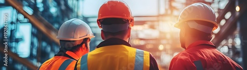 Three construction workers wearing hard hats and reflective vests discuss plans at a construction site, demonstrating teamwork and safety in the building industry.