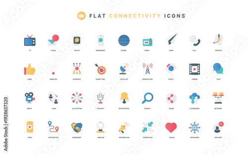Network communication, cloud connection, mobile app settings, radio and TV color icon set. Call support and podcast, social media notifications and likes, email flat elements vector illustration