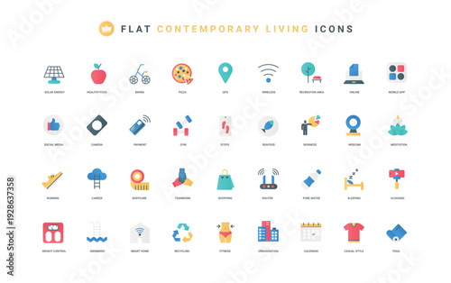 Modern active lifestyle in city, infrastructure and healthy habits, fitness for weight control color icon set. Calendar of events, sleep and workout, yoga meditation flat elements vector illustration