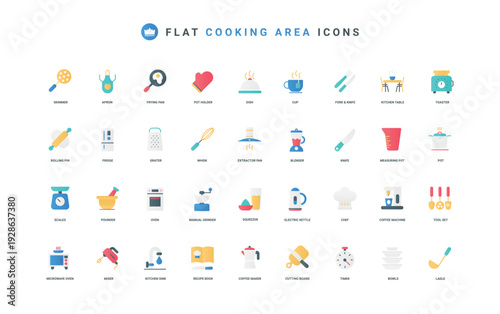 Chefs tools for cooking at home or restaurant, kitchen utensils and equipment color icon set. Pot and cup, kitchenware and oven to cook food recipe, apron, microwave flat elements vector illustration
