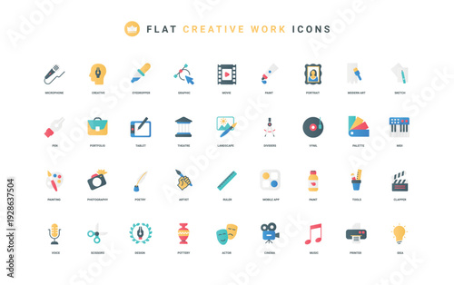 Creative content creation, graphic design and poetry, photography and music color icon set. Ideas, tools of author and artist, modern art portfolio, mobile app flat elements vector illustration