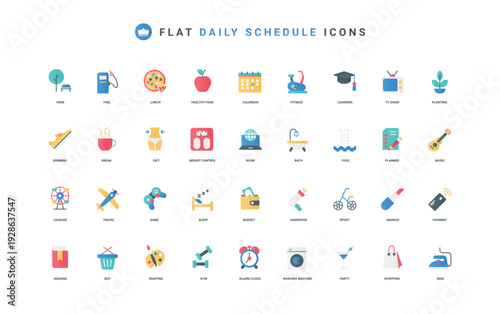 Daily routine and modern life schedule, agenda, time management color icon set. Check event of day in calendar and clock, sport training and everyday task, payment flat elements vector illustration