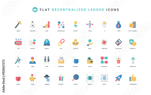 Fintech and decentralized finance, blockchain and cryptocurrency, ledger, network color icon set. Digital money in wallet, transaction analysis and trend growth flat elements vector illustration